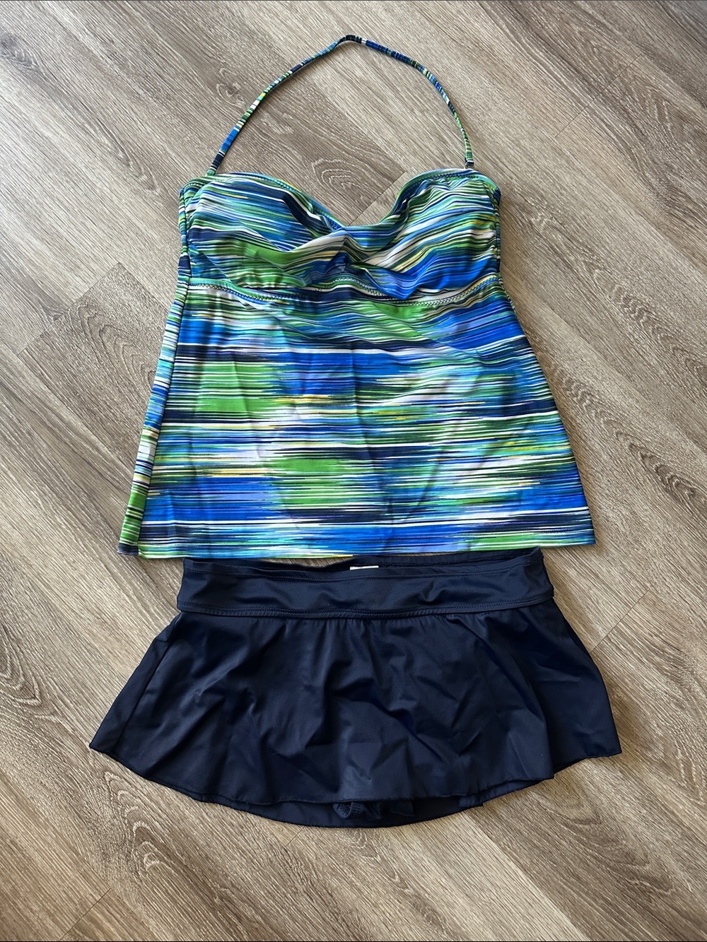 Striped Blue & Green Tankini with Blue Swim Skirt